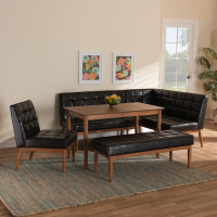 Baxton Studio BBT8051.11-Dark BrownWalnut-5PC Dining Nook Set Baxton Studio Sanford Mid-Century Modern Dark Brown Faux Leather Upholstered and Walnut Brown Finished Wood 5-Piece Dining Nook Set